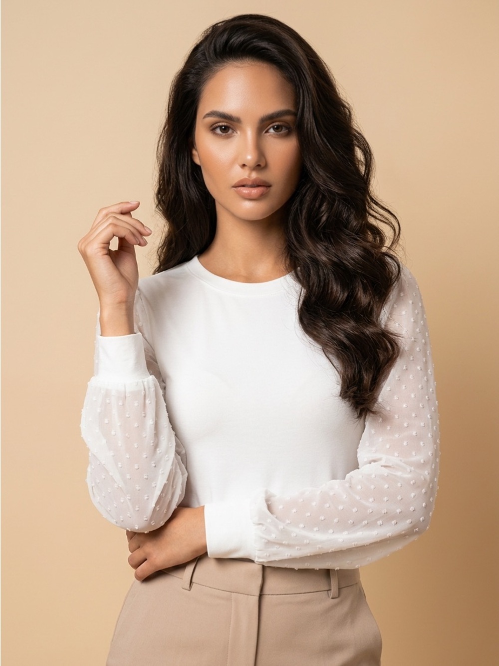 XXL Crew Neck Top w White Polka Dot Sheer Sleeves NWOT